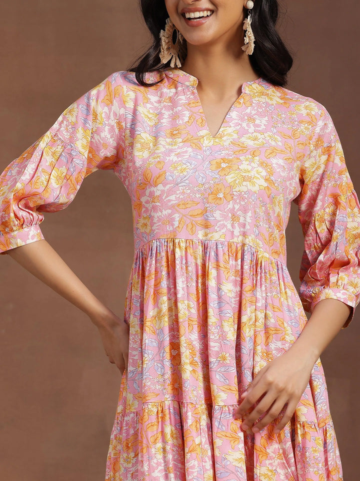 Pink Printed Rayon Fit and Flare Dress - Libas