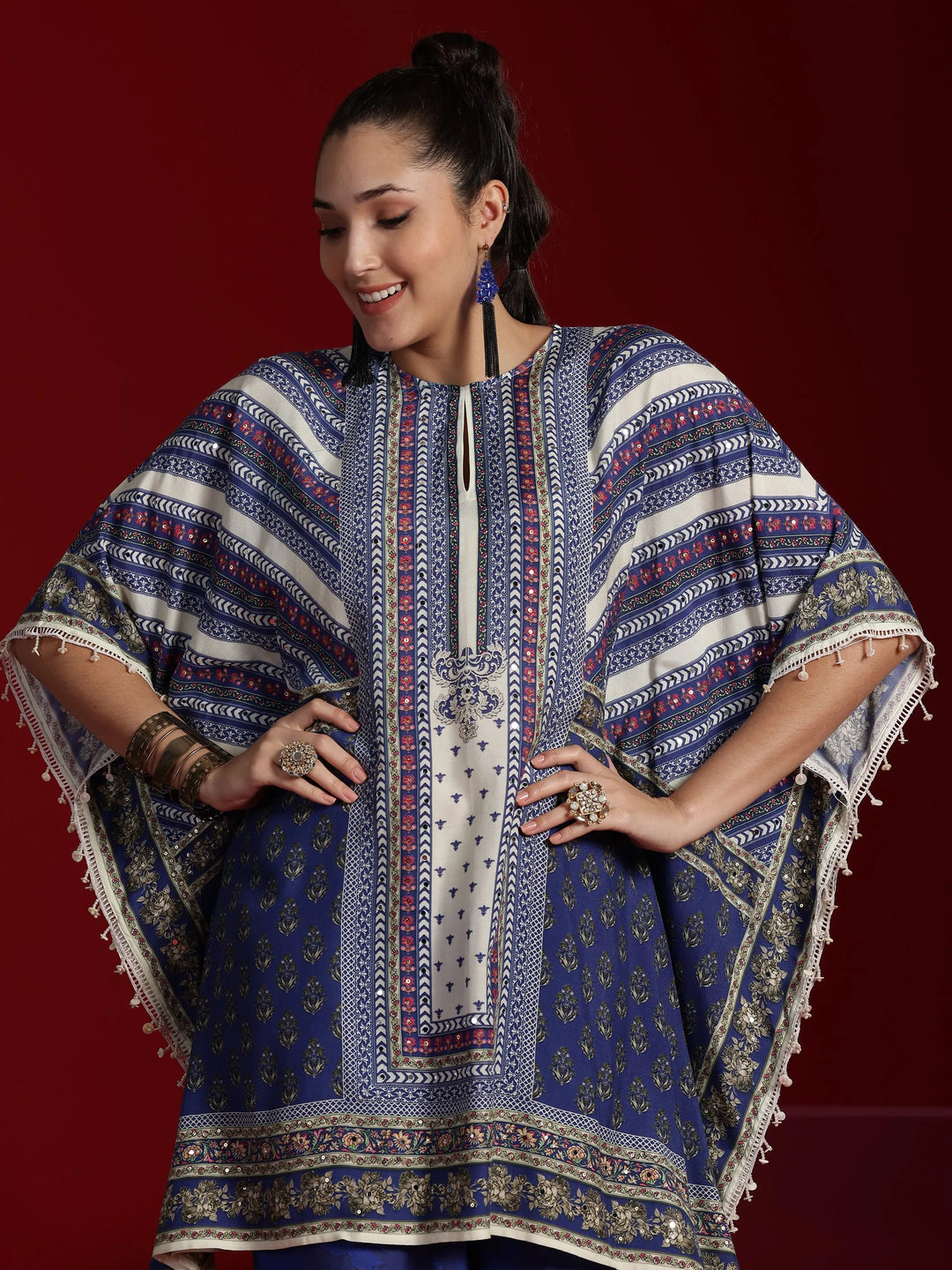  Libas Art Blue Printed Silk Blend Kaftan With Palazzos 