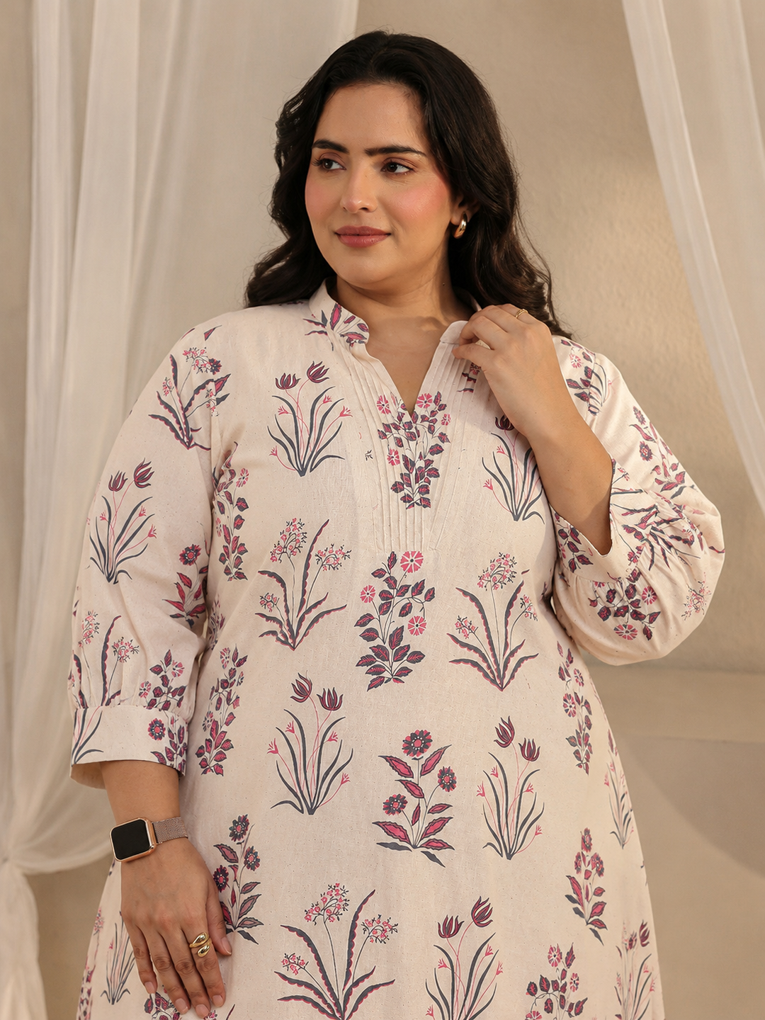  Plus Size Off White Floral Printed Cotton A-Line Kurta 