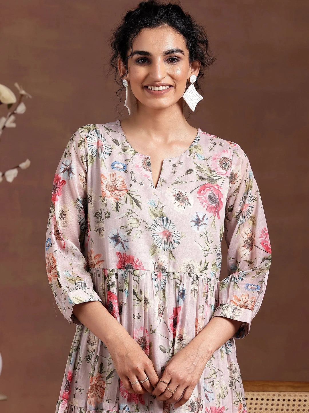  Pink Printed Chiffon Fit and Flare Dress 