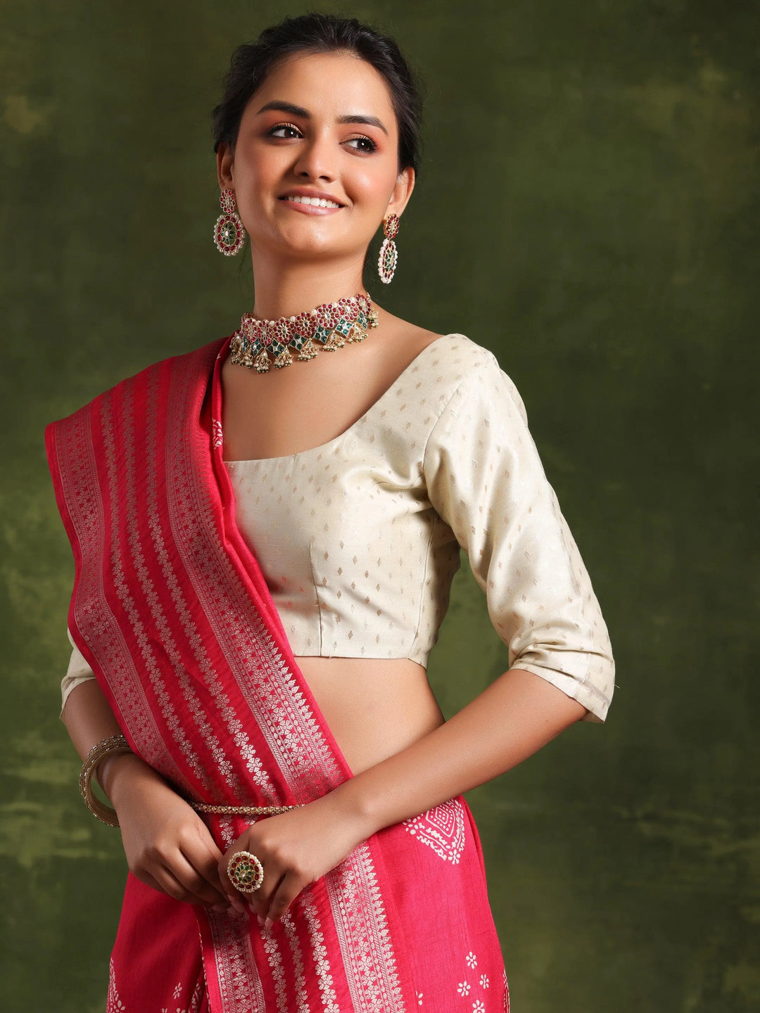 Pink Printed Silk Blend Saree With Unstitched Blouse Piece - Libas 