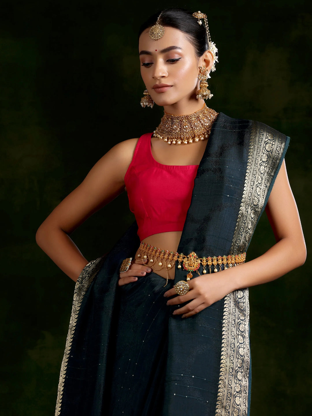  Teal Woven Design Silk Blend Saree With Unstitched Blouse Piece 