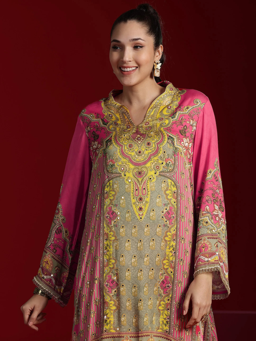  Libas Art Coral Printed Silk Blend Straight Kurta Dhoti Pants 