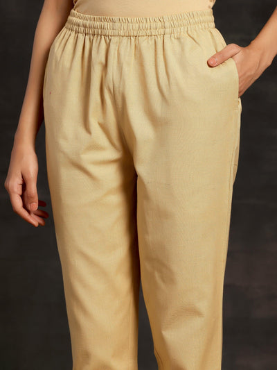 Cream Solid Cotton Straight Fit Trousers - Libas