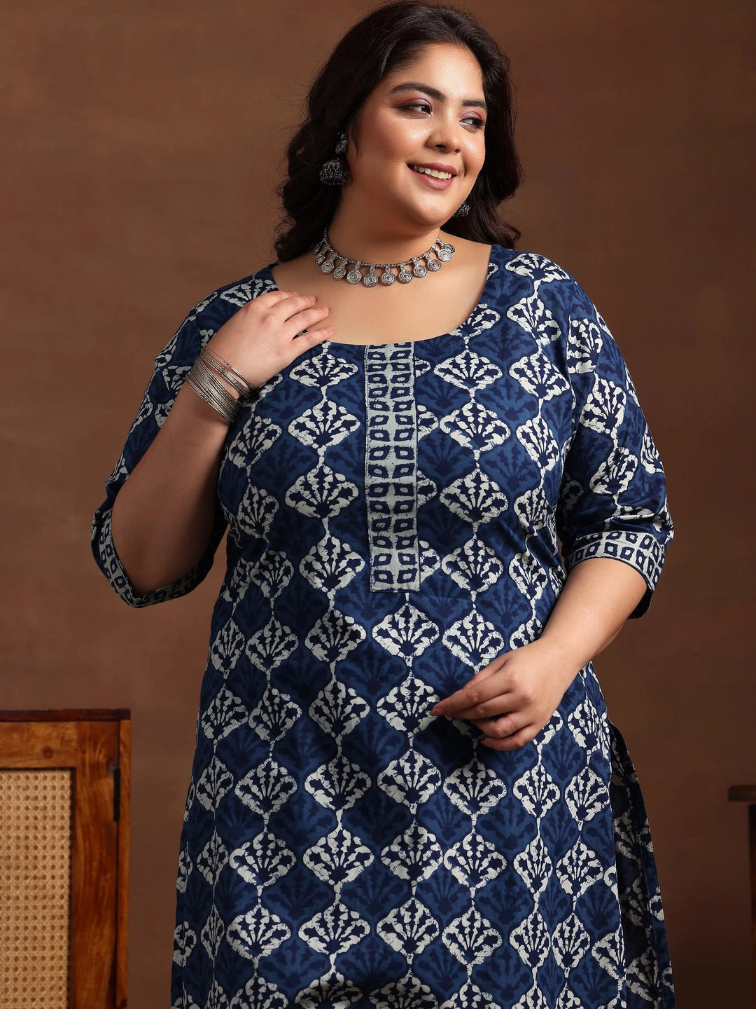 Plus Size Blue Printed Cotton Straight Suit With Dupatta - Libas 