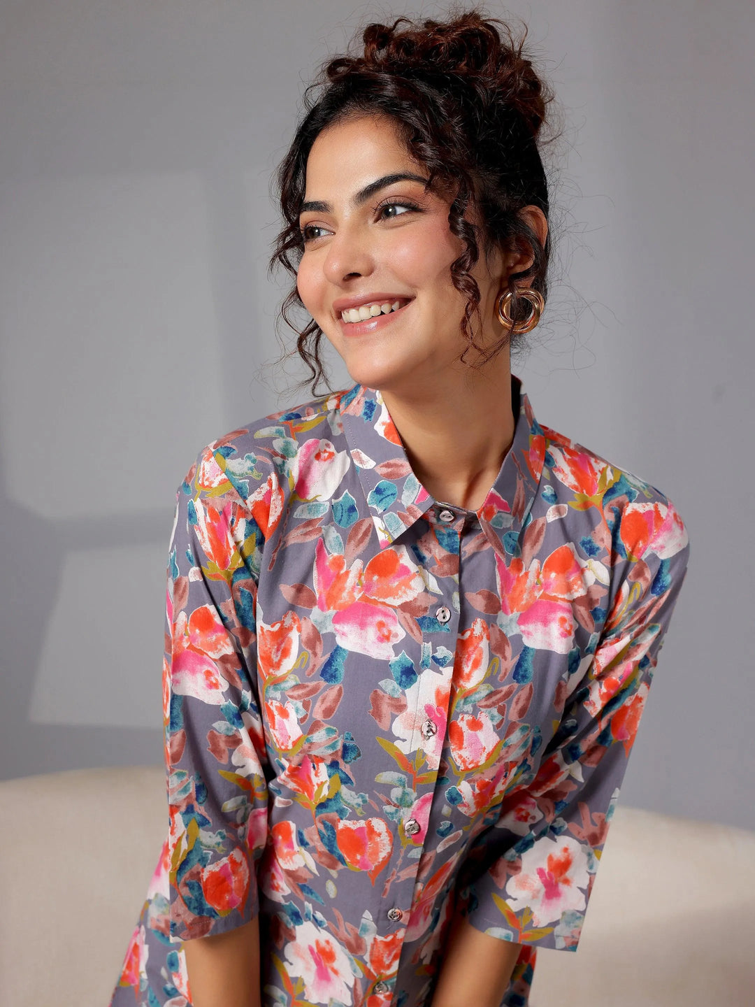 Grey Printed Cotton Night Suits - Libas 