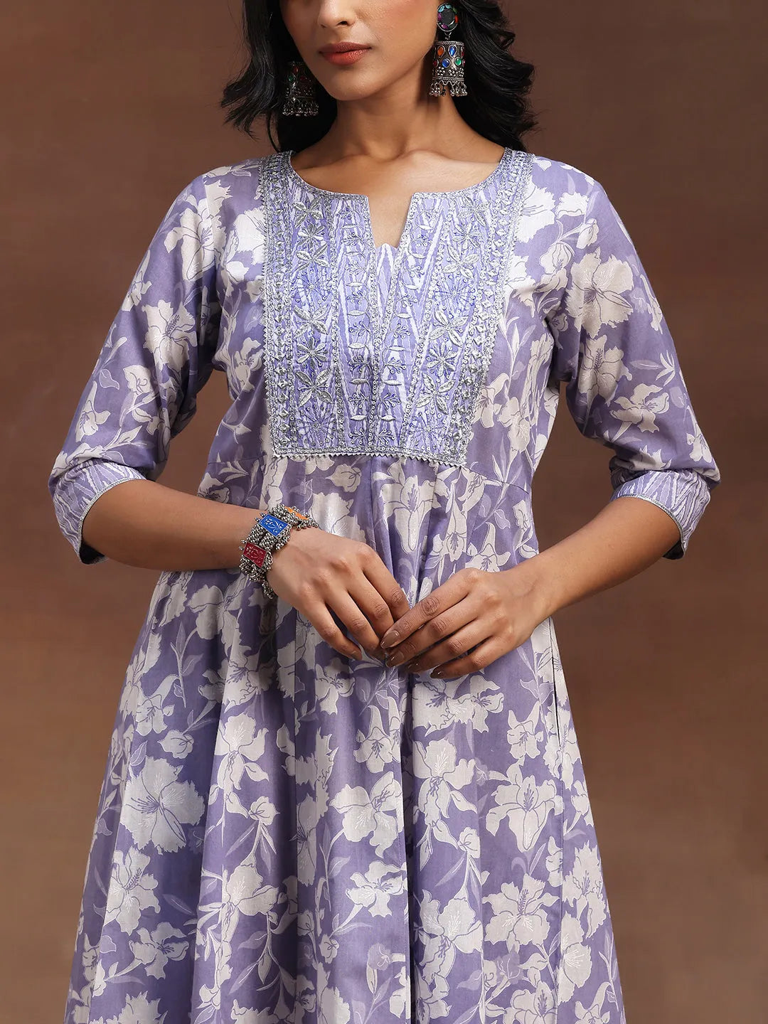  Lavender Printed Cotton Anarkali Suit With Dupatta 