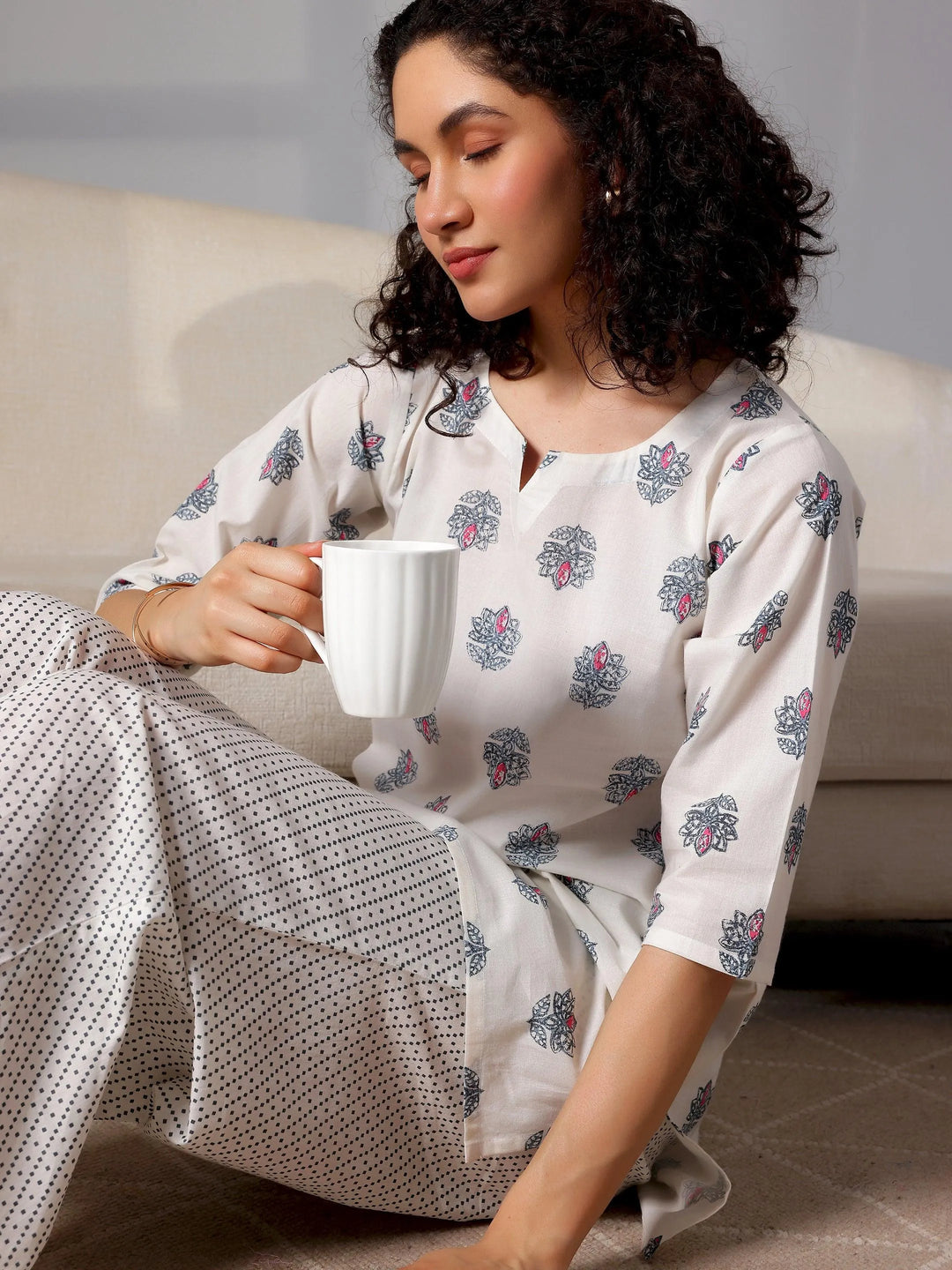 Cream Printed Cotton Night Suits - Libas 