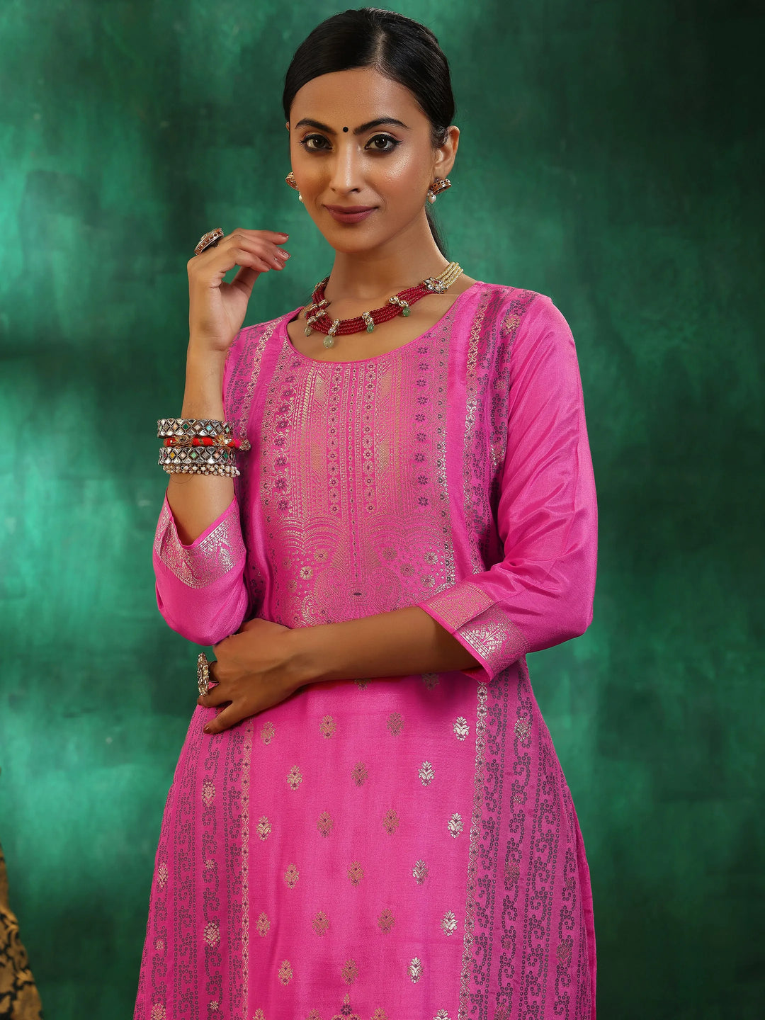  Pink Woven Design Silk Blend Straight Suit With Dupatta 