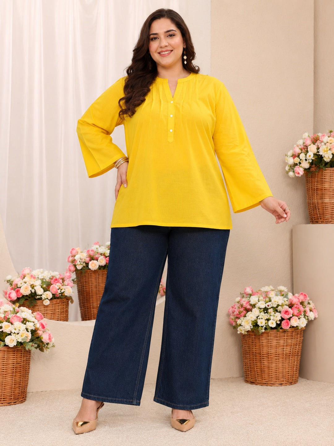  Plus Size Yellow Solid Cotton Blend Straight Short Kurti 