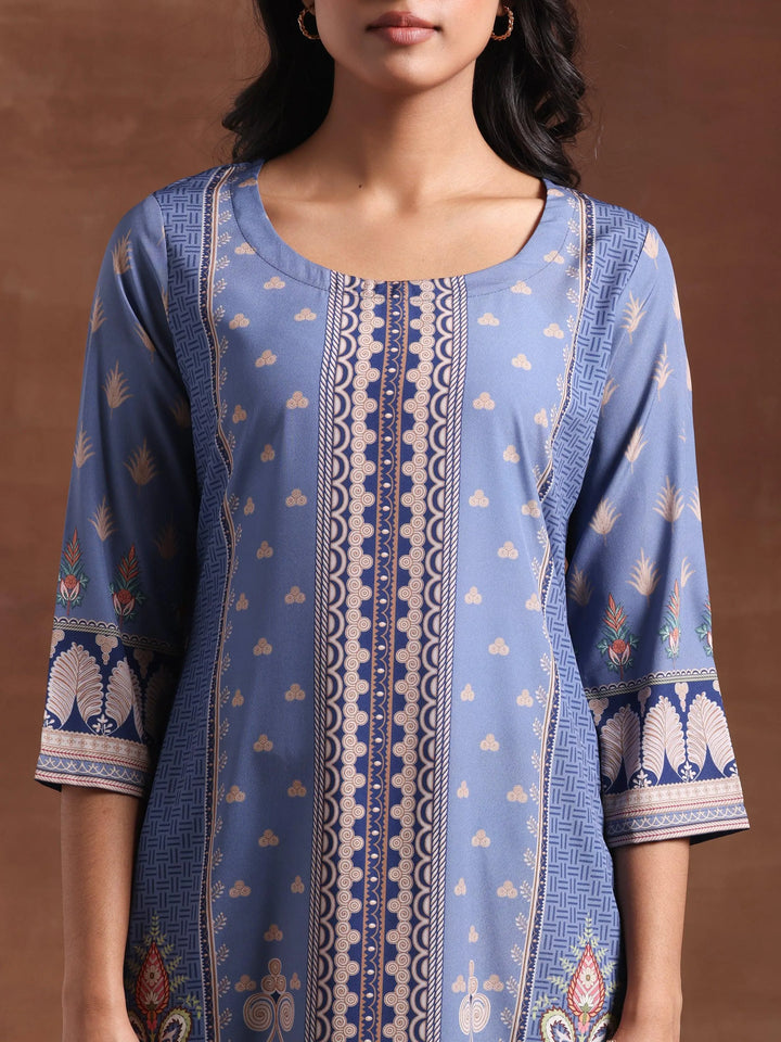 Blue Printed Crepe Straight Kurta Set - Libas