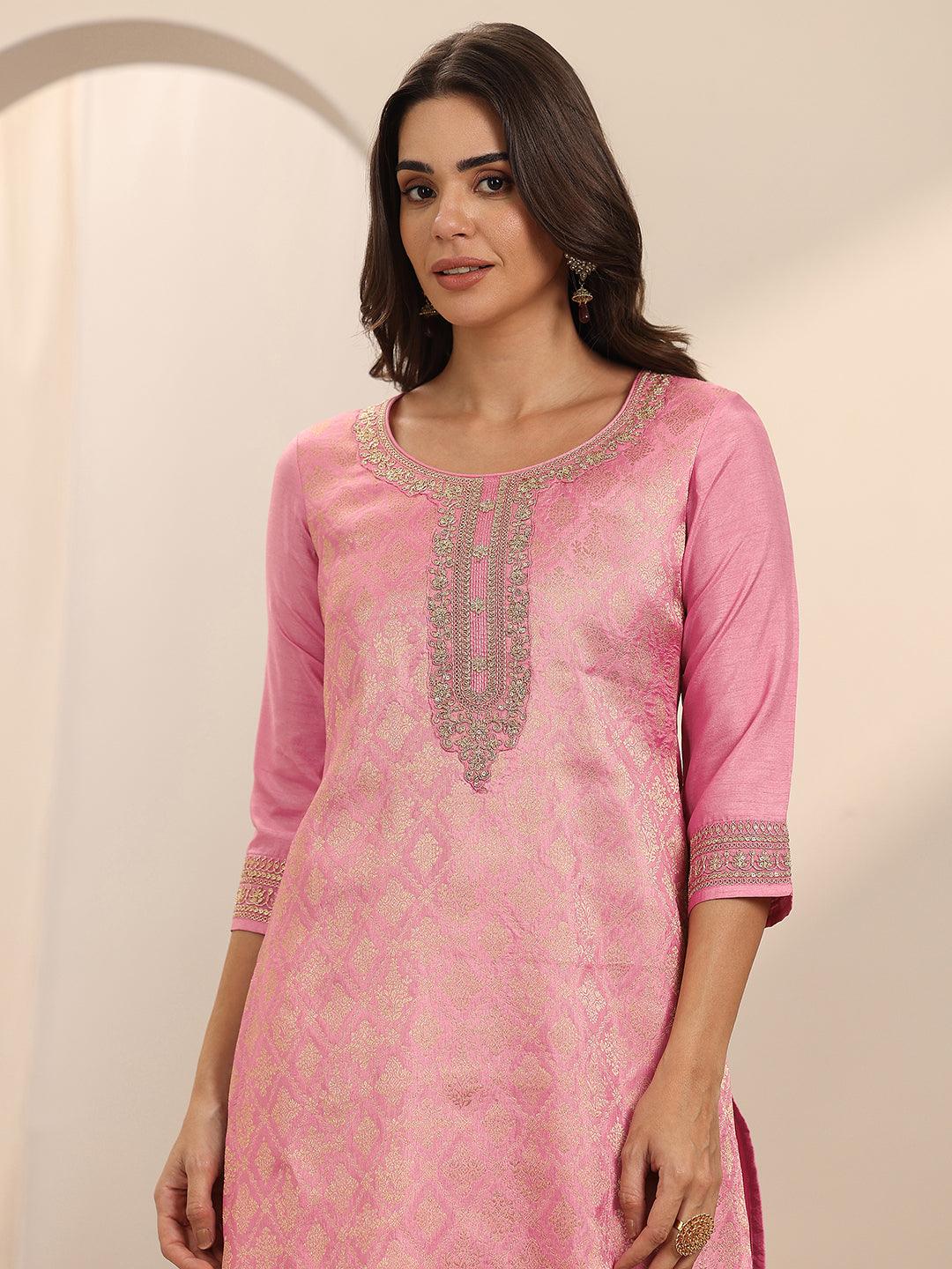  Pink Woven Design Silk Blend Straight Suit Set With Dupatta 