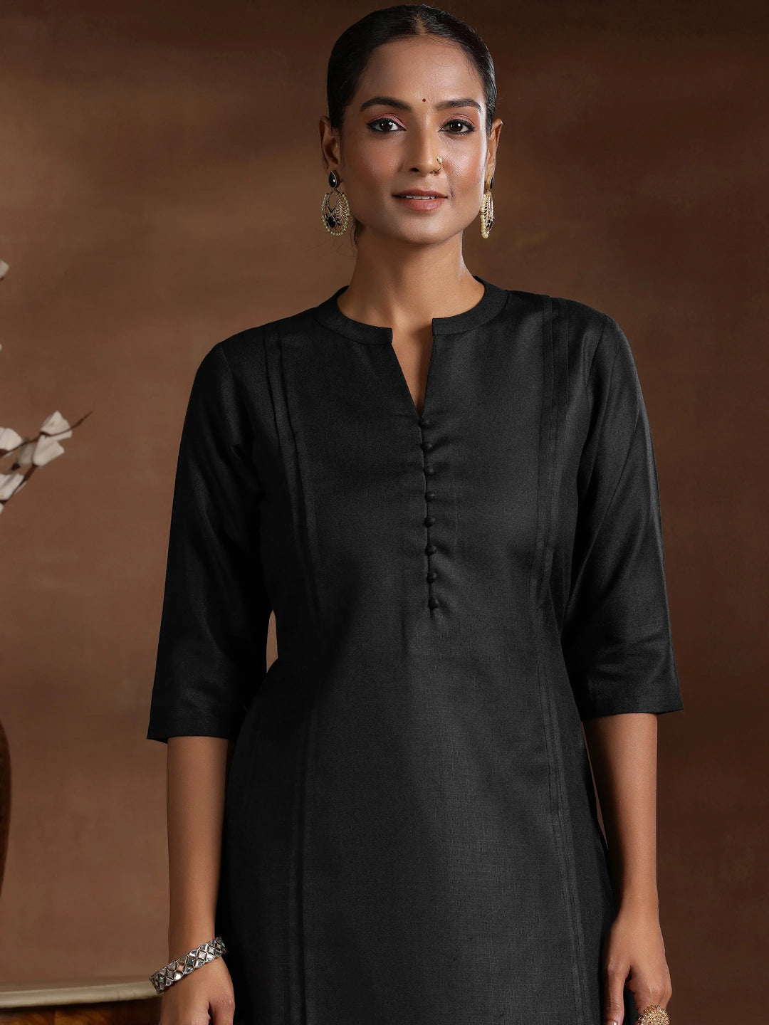  Black Solid Cotton Blend Straight Suit With Dupatta 
