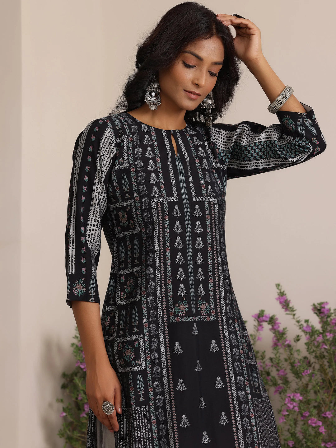  Black Printed Cotton Straight Suit With Dupatta 