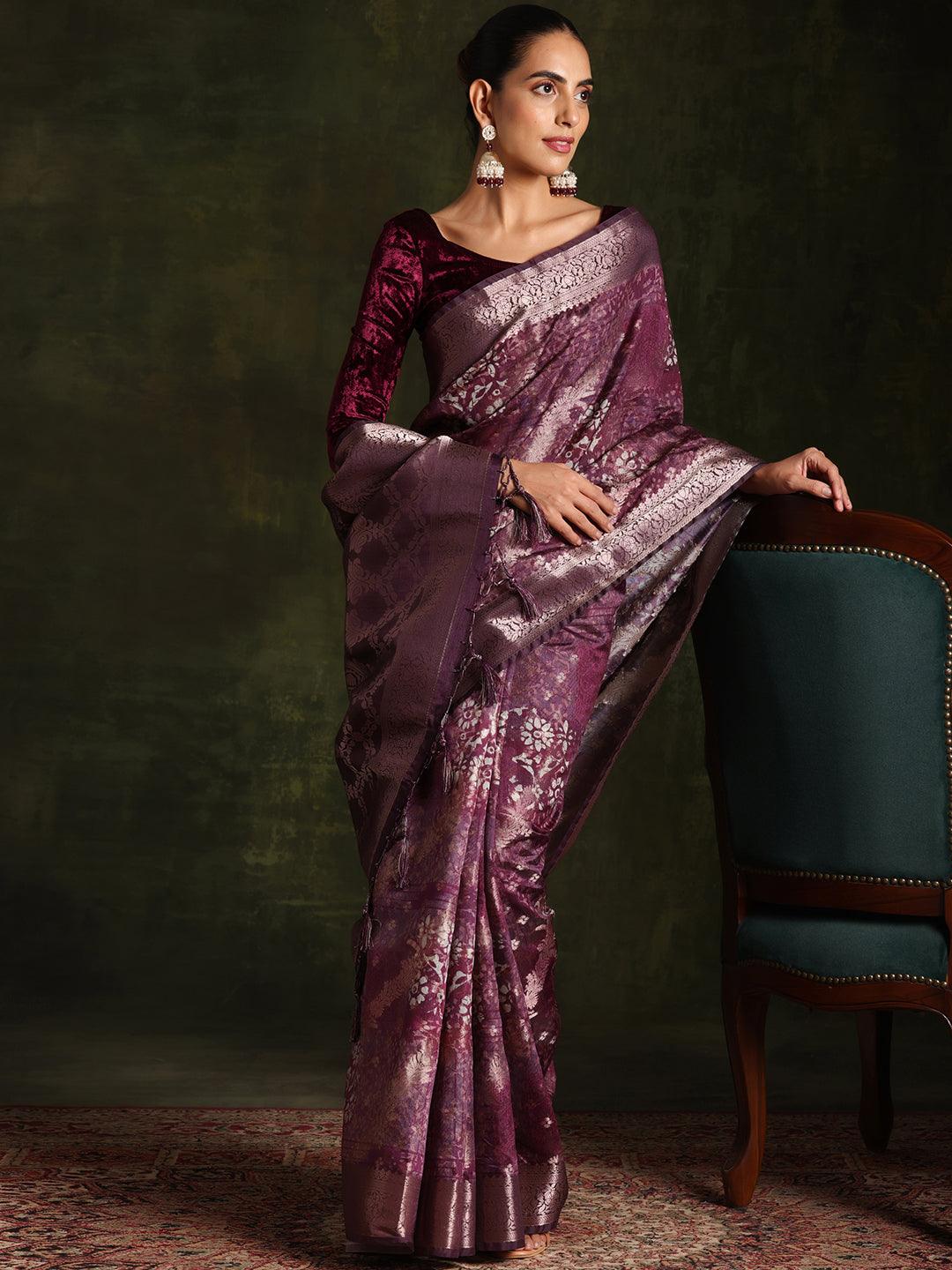 Wine Woven Design Brocade Saree With Unstitched Blouse Piece