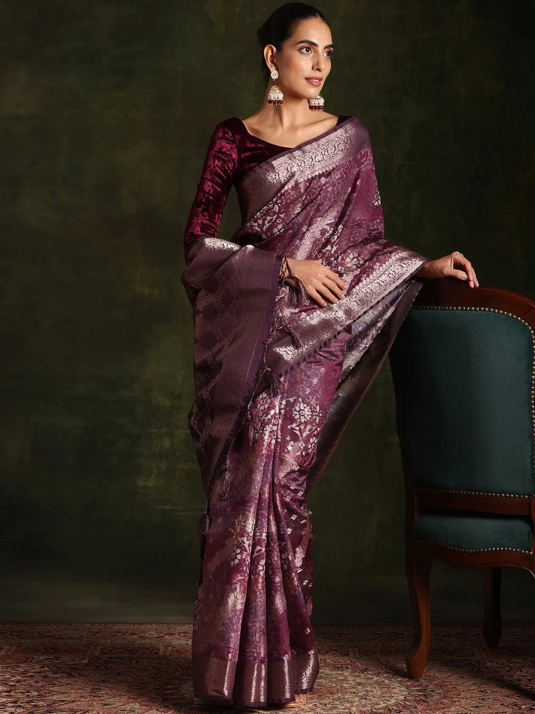 Wine Woven Design Brocade Saree With Unstitched Blouse Piece - Libas