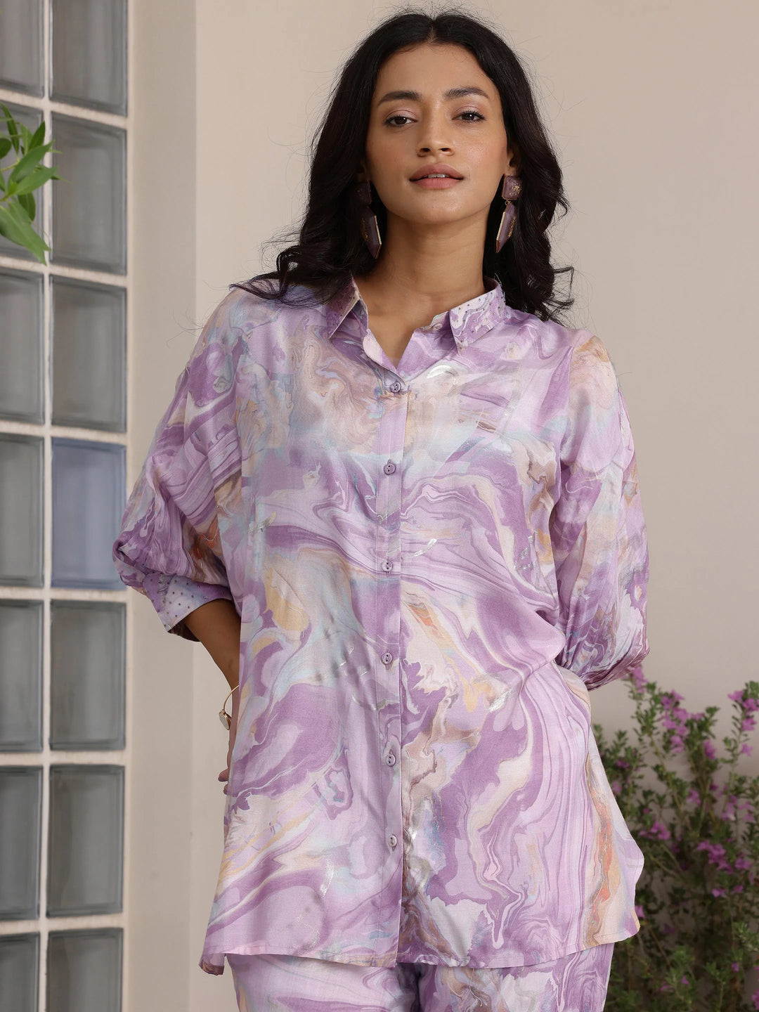  Lavender Printed Silk Blend Co-Ords 
