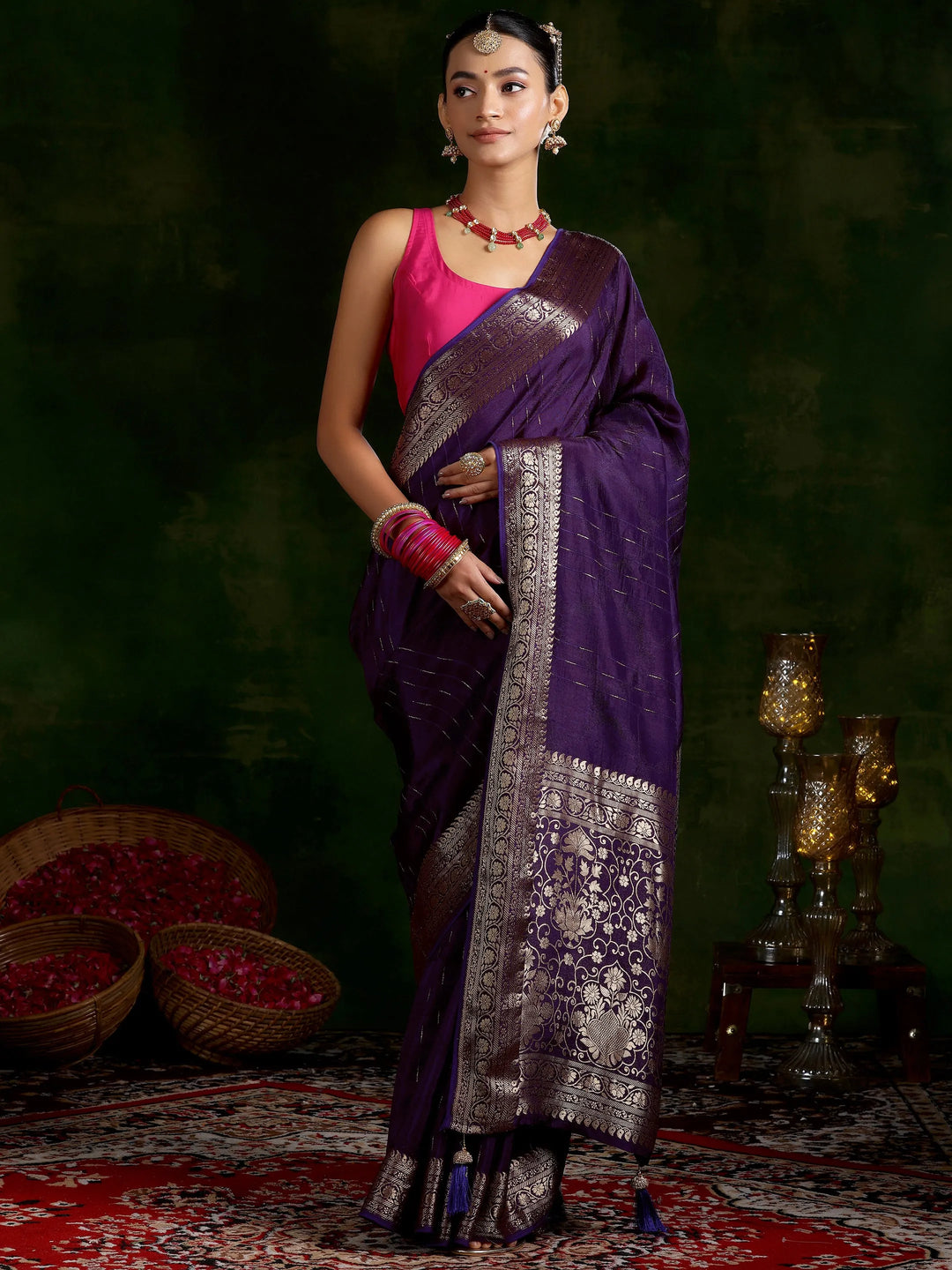  Purple Woven Design Silk Blend Saree With Unstitched Blouse Piece 