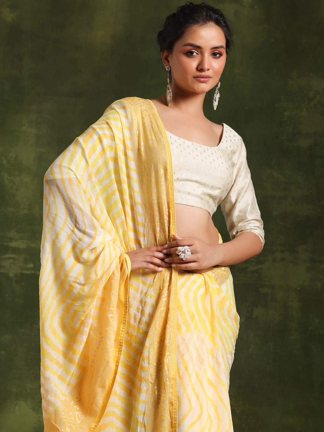 Yellow Printed Poly Georgette Saree With Unstitched Blouse Piece - Libas 
