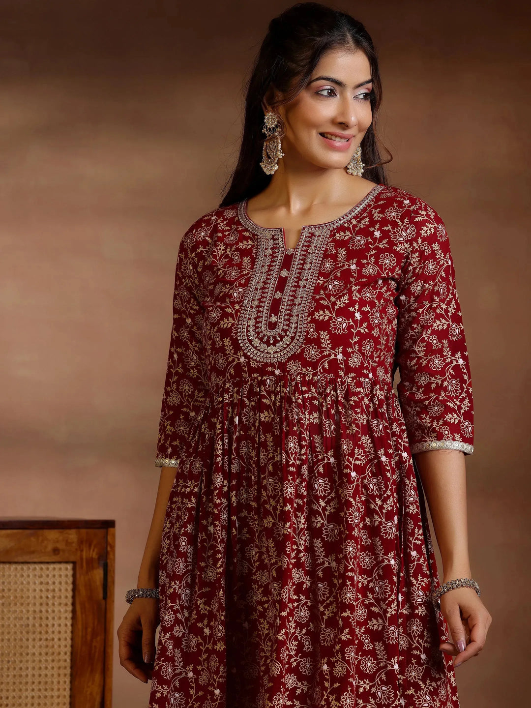  Maroon Printed Georgette A-Line Kurta With Trousers & Dupatta 
