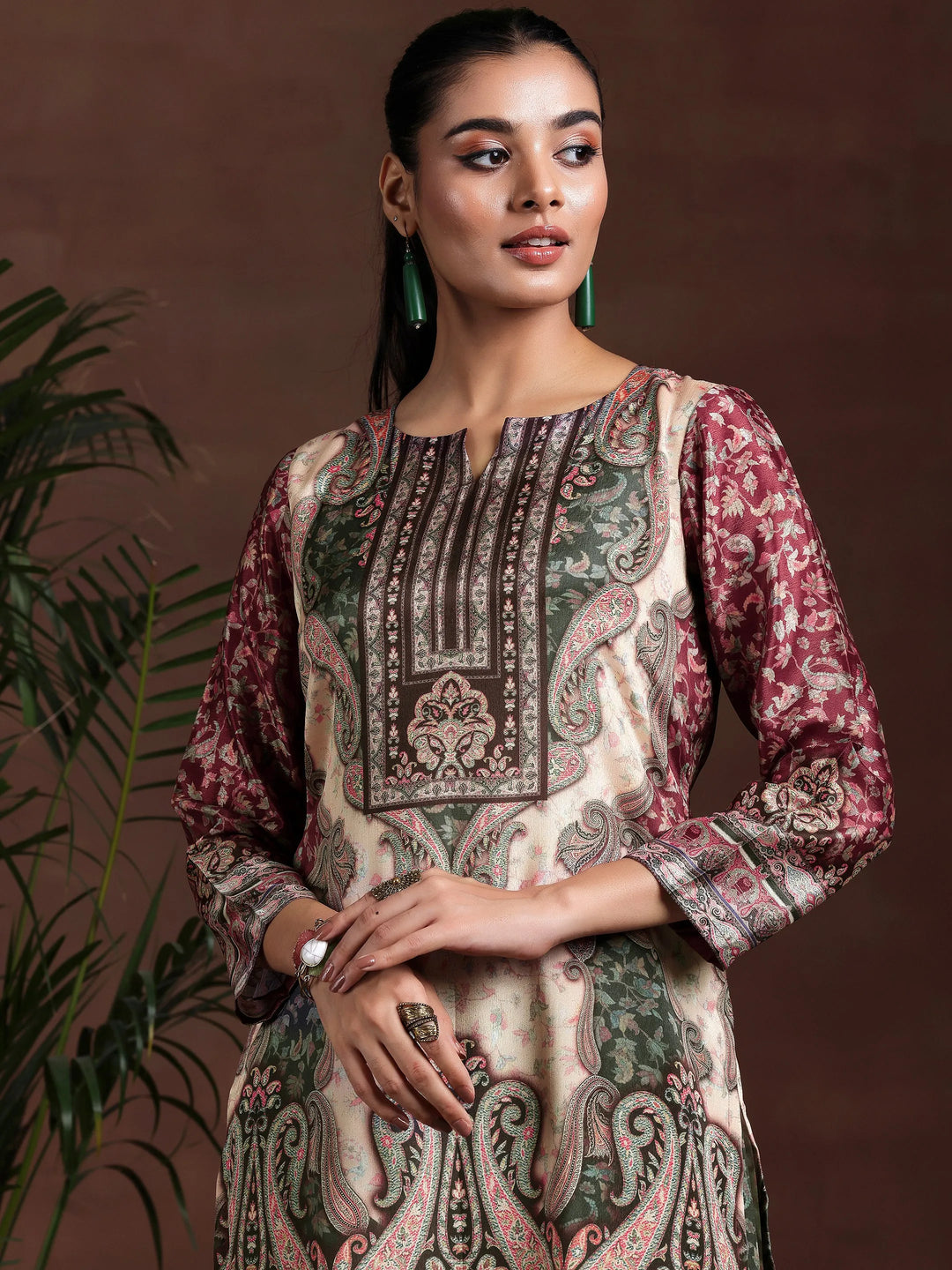  Beige Printed Silk Blend Straight Suit With Dupatta 