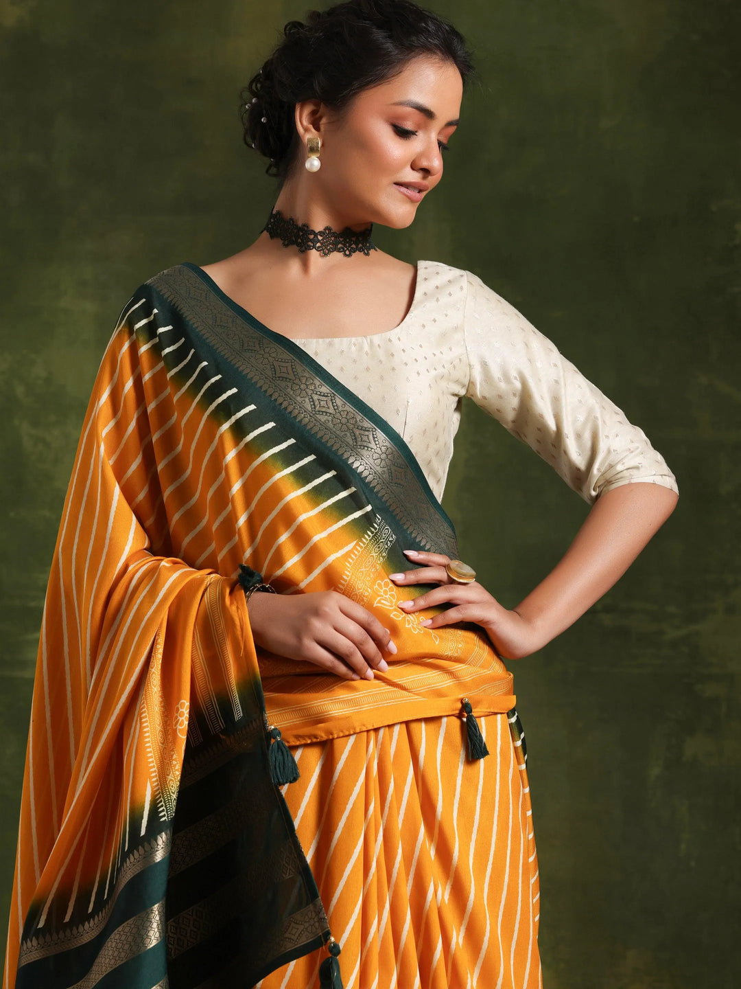 Mustard Printed Silk Blend Saree With Unstitched Blouse Piece - Libas 