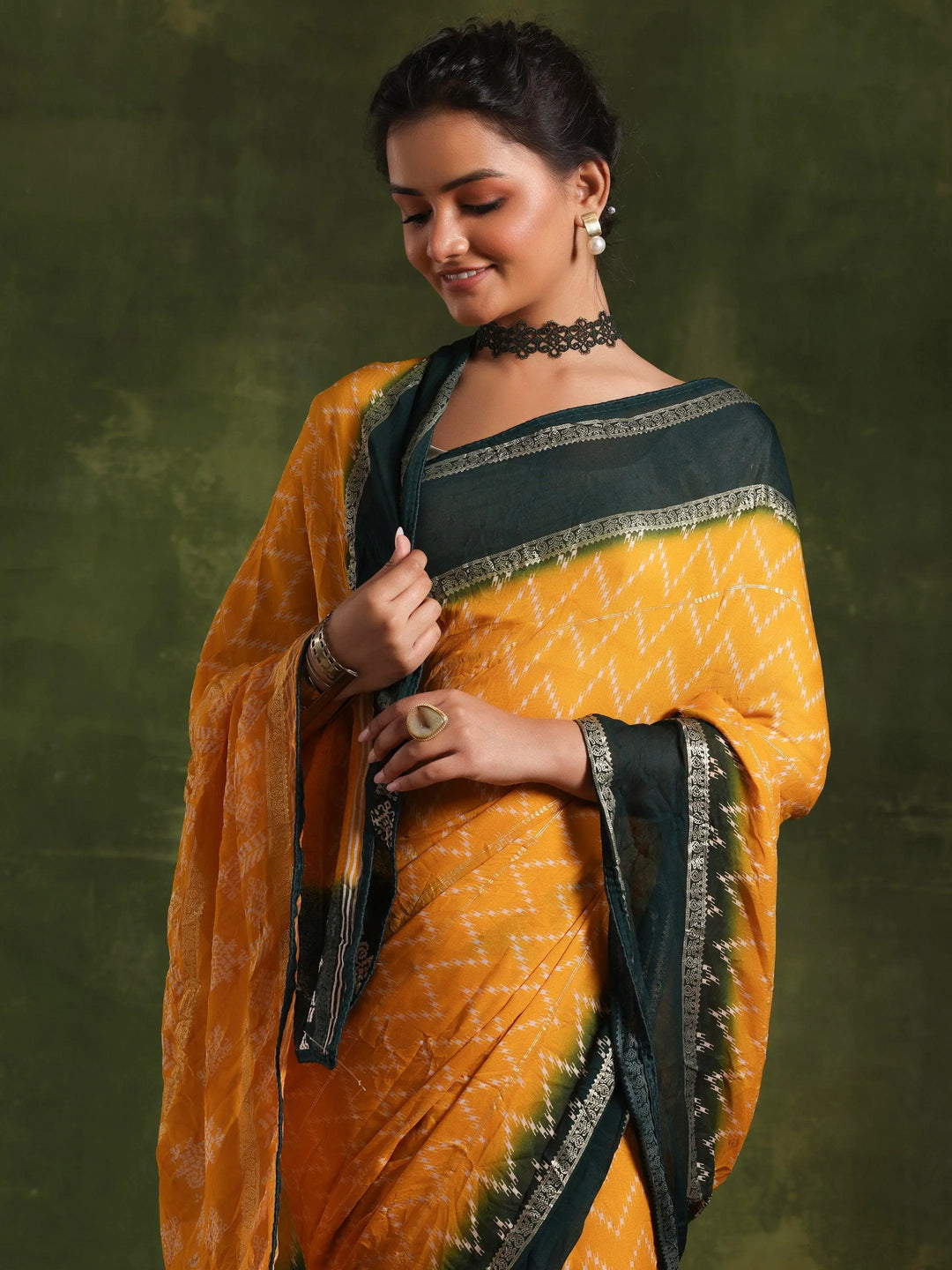 Mustard Printed Poly Georgette Saree With Unstitched Blouse Piece - Libas 