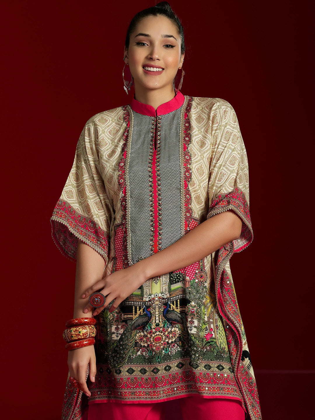  Libas Art Beige Printed Silk Blend Co-Ords 