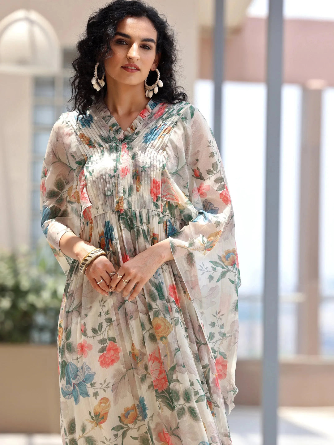  Off White Printed Chiffon A-Line Dress 