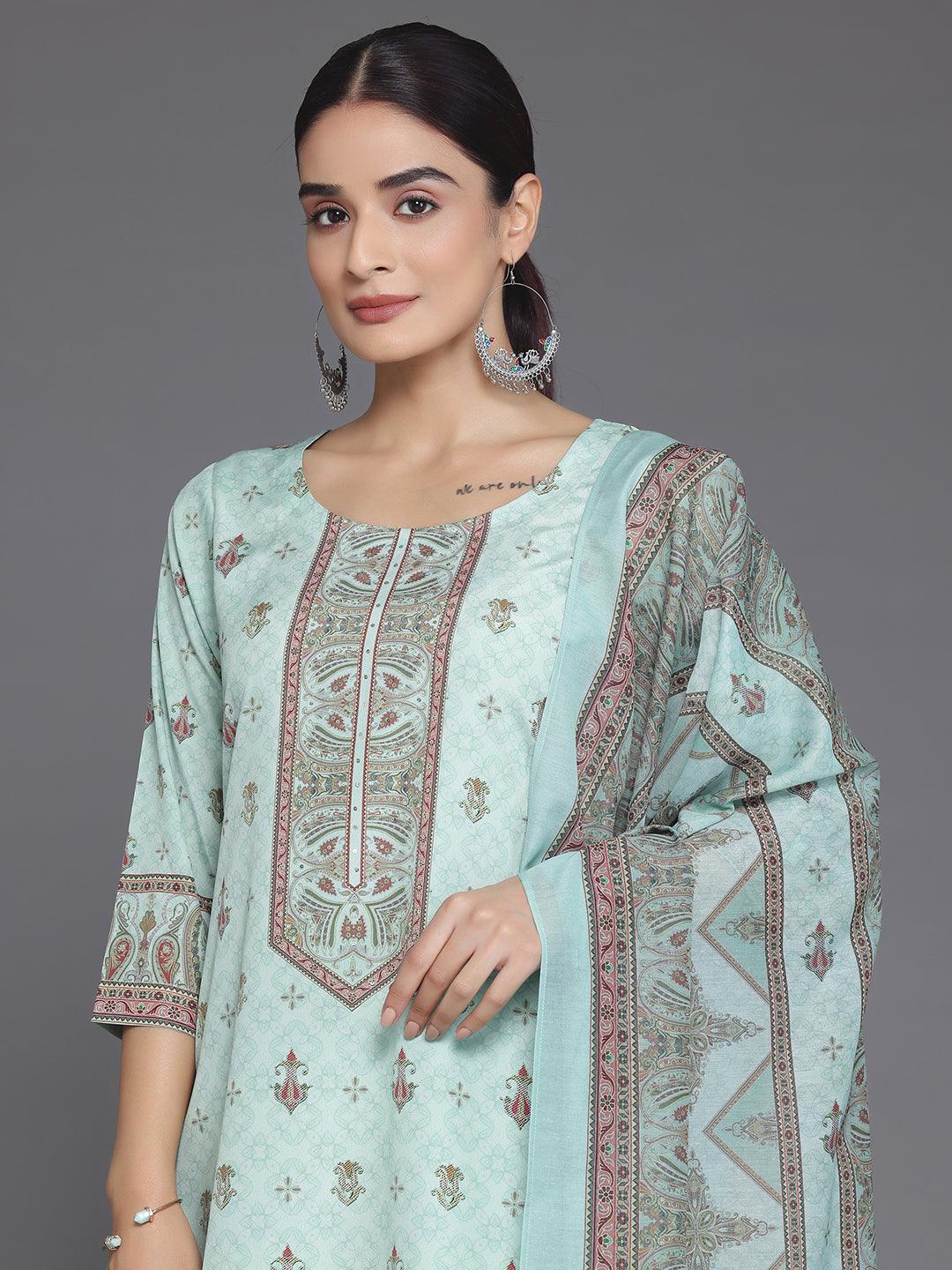 Green Printed Poly Crepe Straight Suit With Dupatta