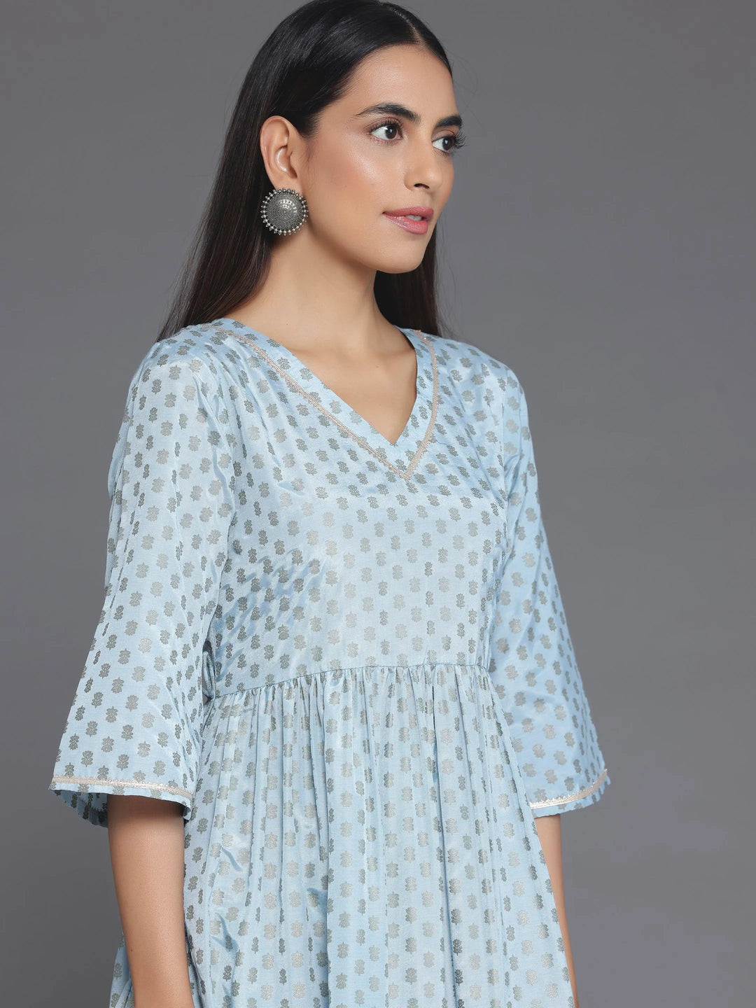 Blue Printed Silk Blend A-Line Kurta With Trousers - Libas 