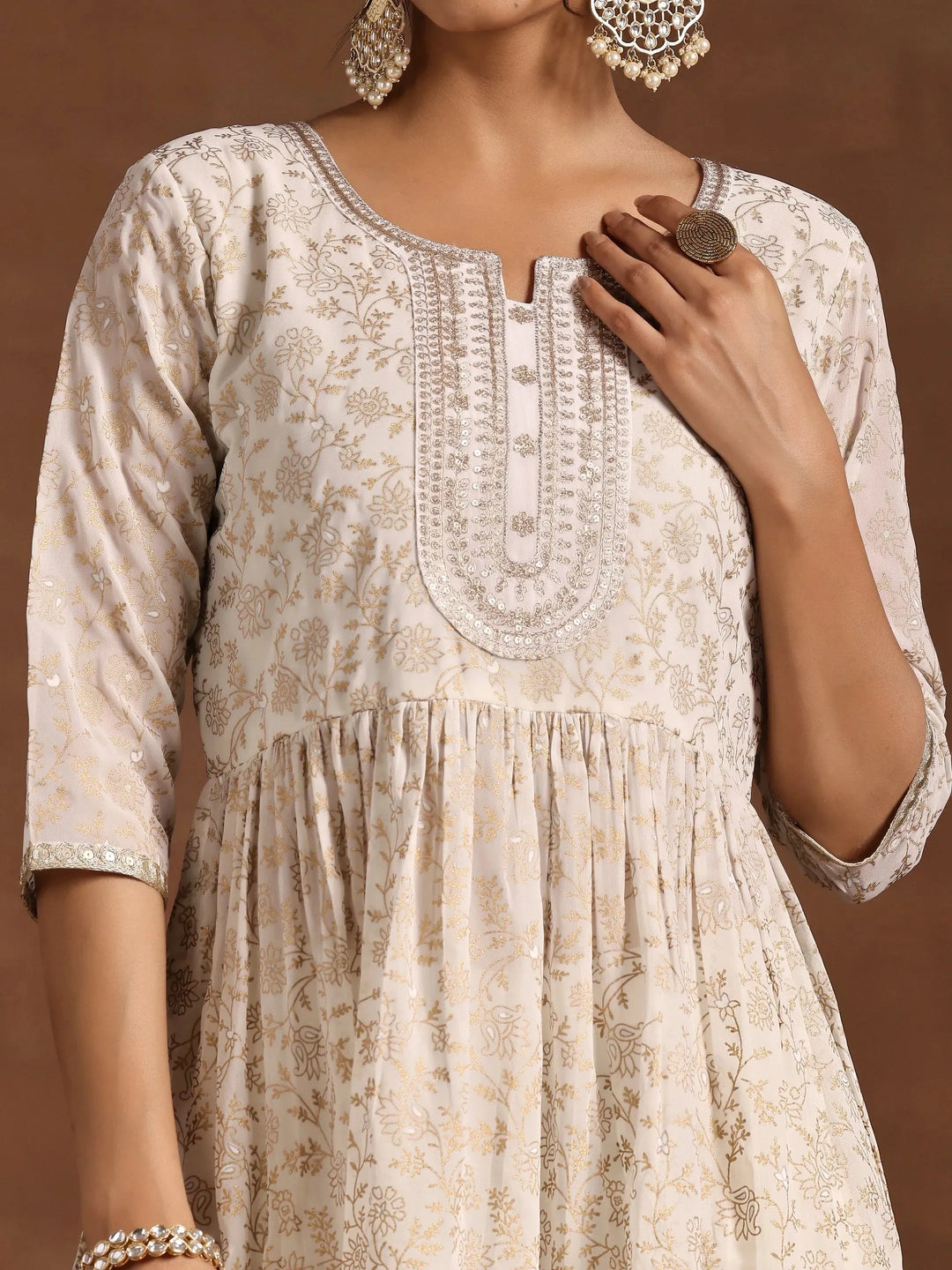  Off White Printed Georgette A-Line Suit With Dupatta 