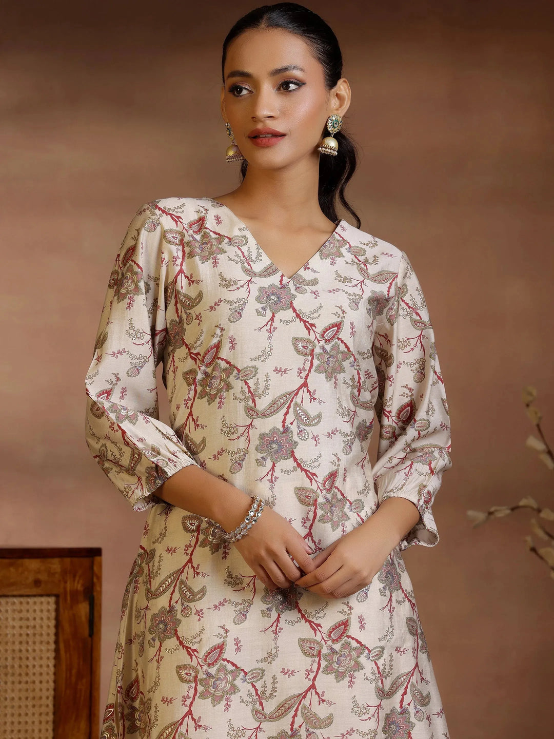  Beige Printed Silk Blend Co-Ords 