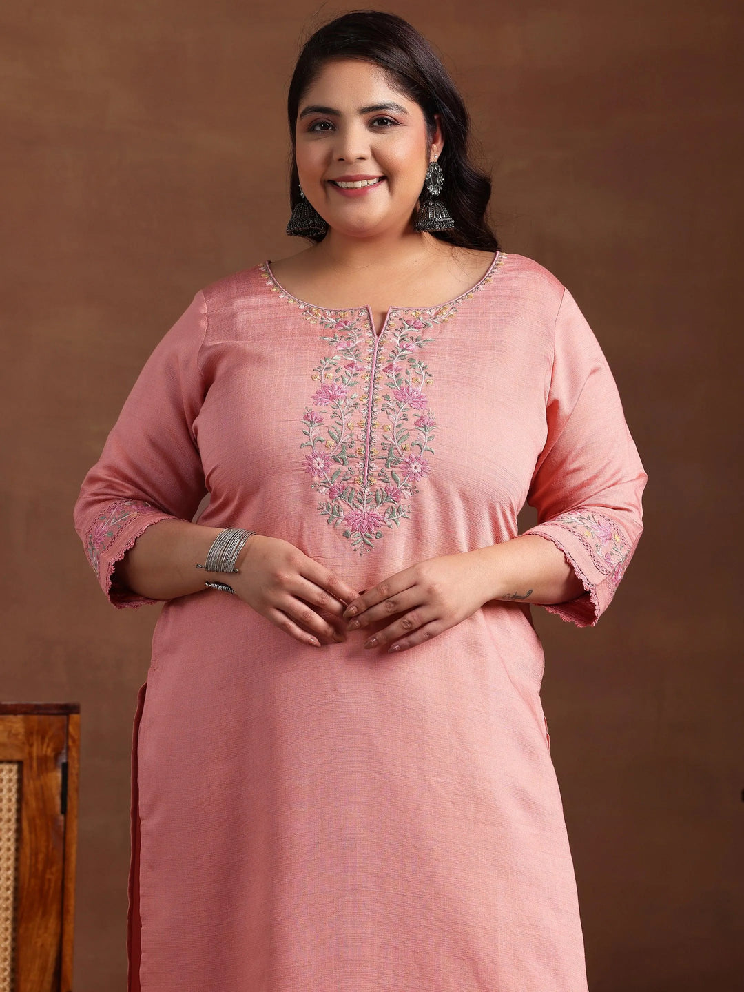 Plus Size Peach Yoke Design Silk Blend Straight Suit With Dupatta - Libas 