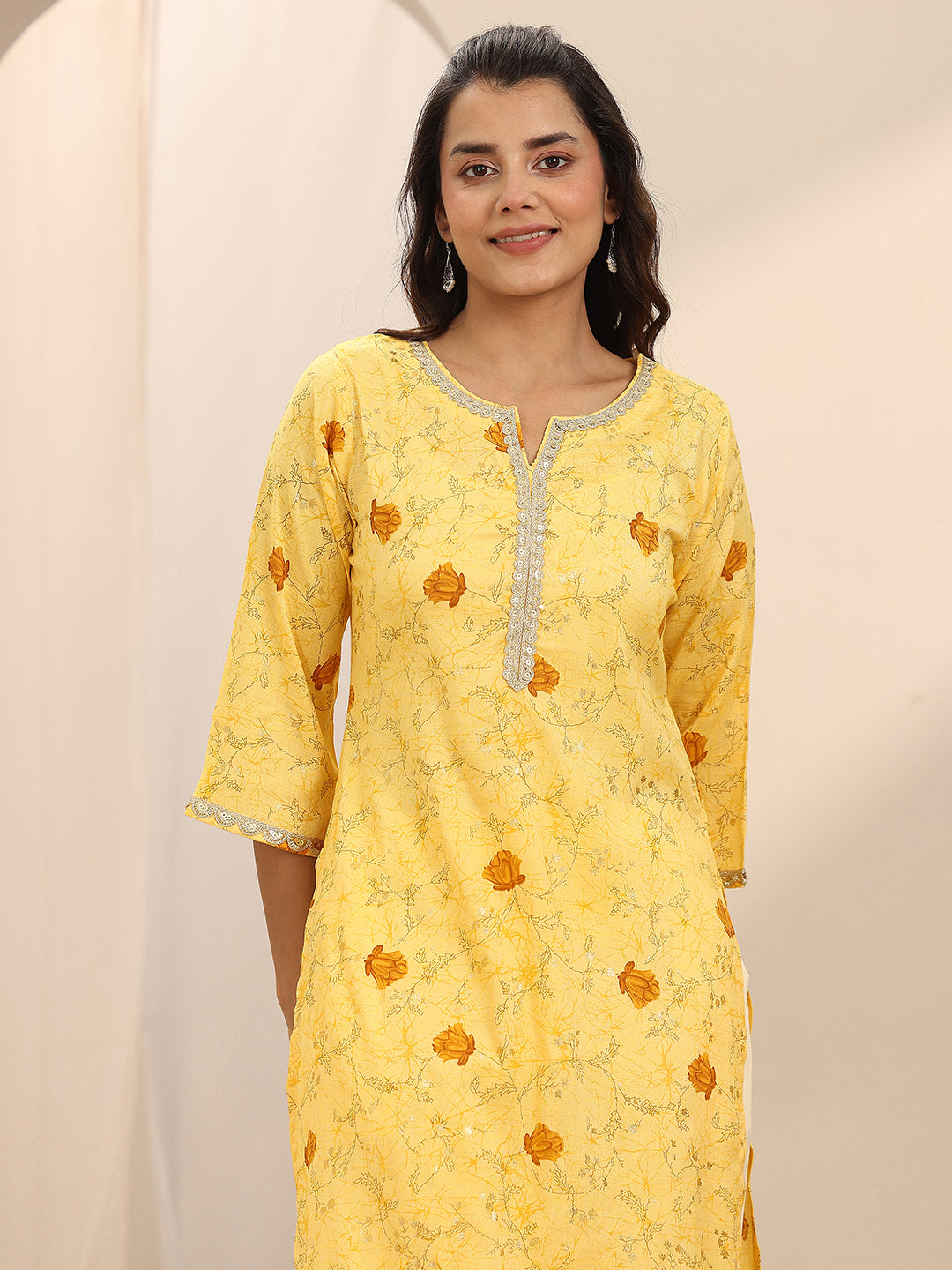  Yellow Printed Cotton Blend Straight Suit Set With Dupatta 