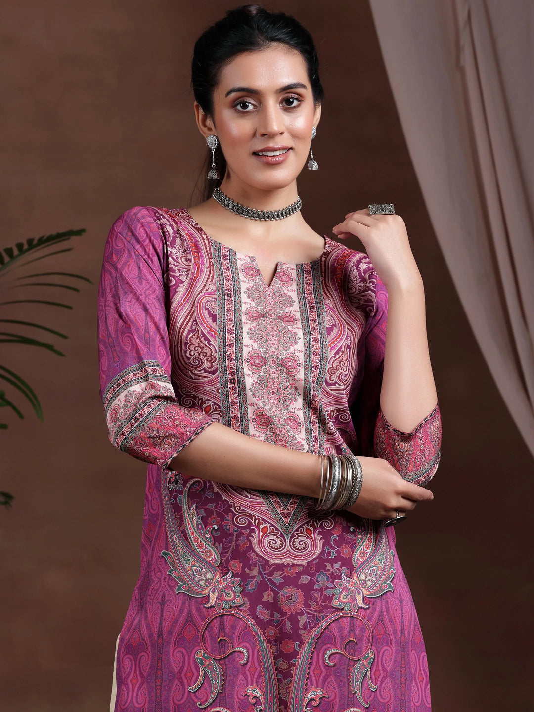 Mauve Printed Crepe Straight Kurta 