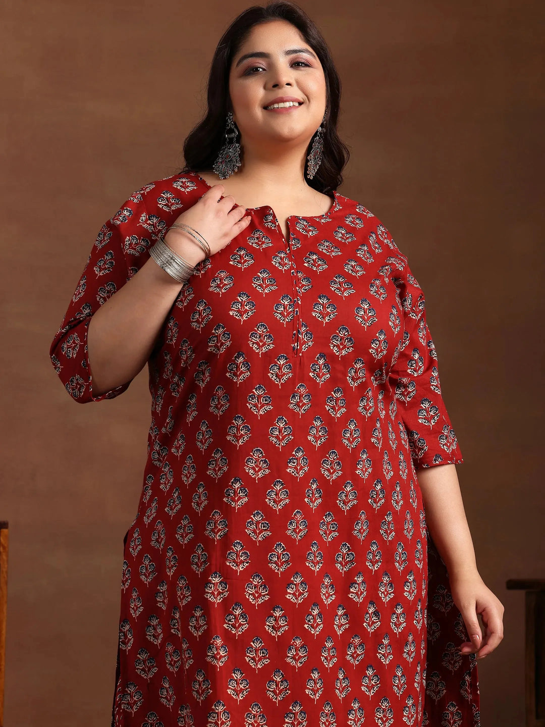  Plus Size Rust Printed Cotton Straight Suit With Dupatta 
