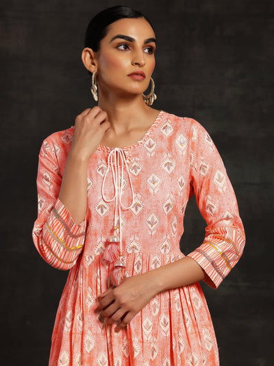 Peach Printed Cotton Fit and Flare Dress - Libas