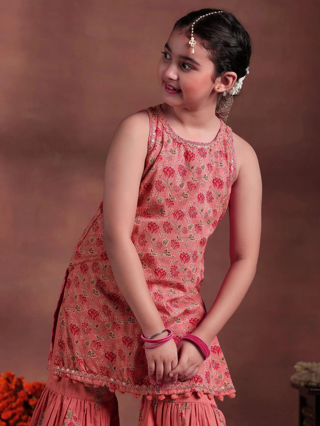  Kids Peach Printed Cotton Straight Suit With Dupatta 