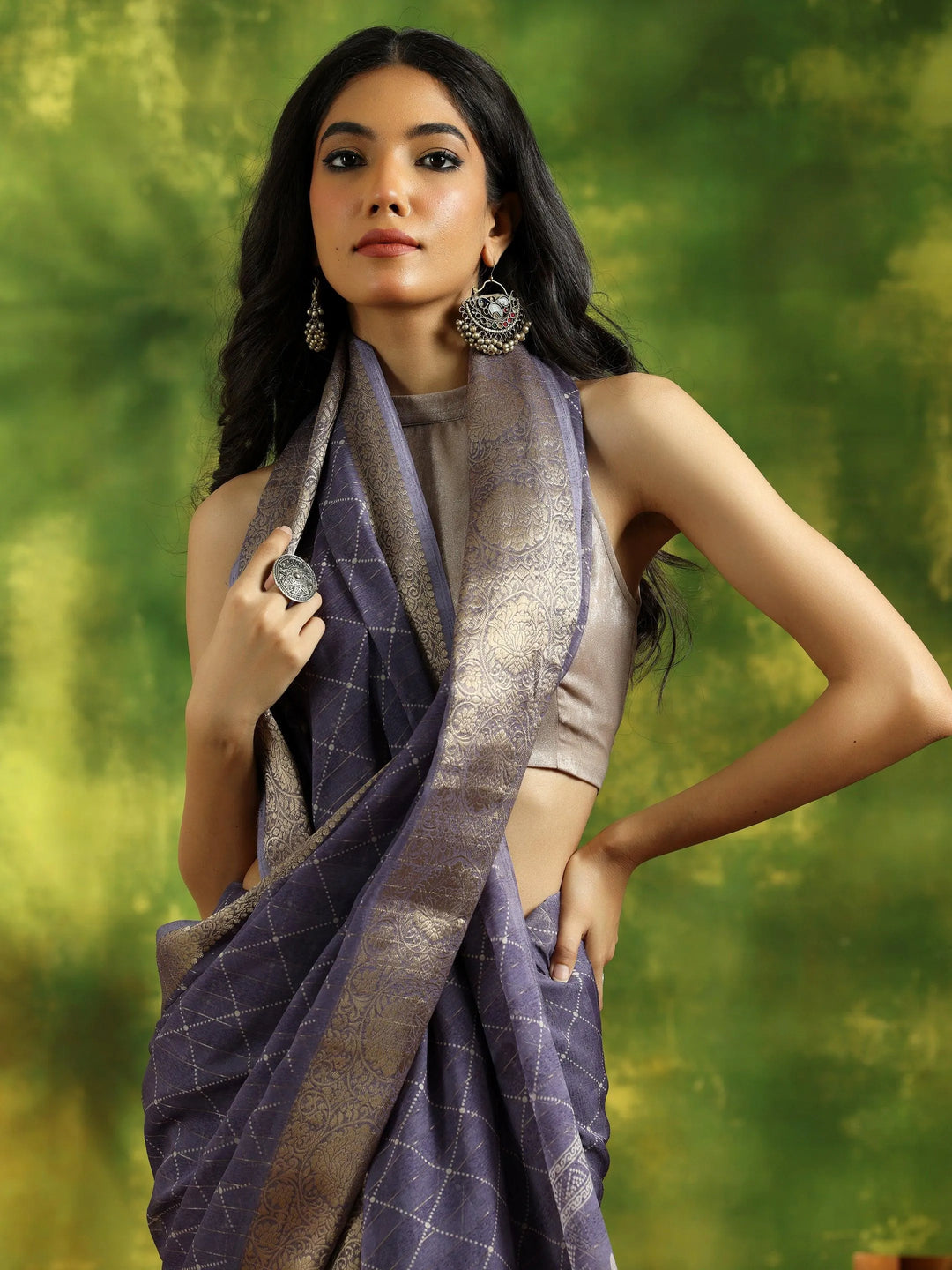 Blue Lilac Printed Silk Blend Saree With Unstitched Blouse Piece - Libas 