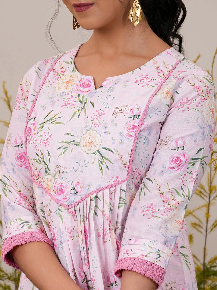 Pink Printed Cotton Blend A-Line Kurta With Palazzos & Dupatta - Libas