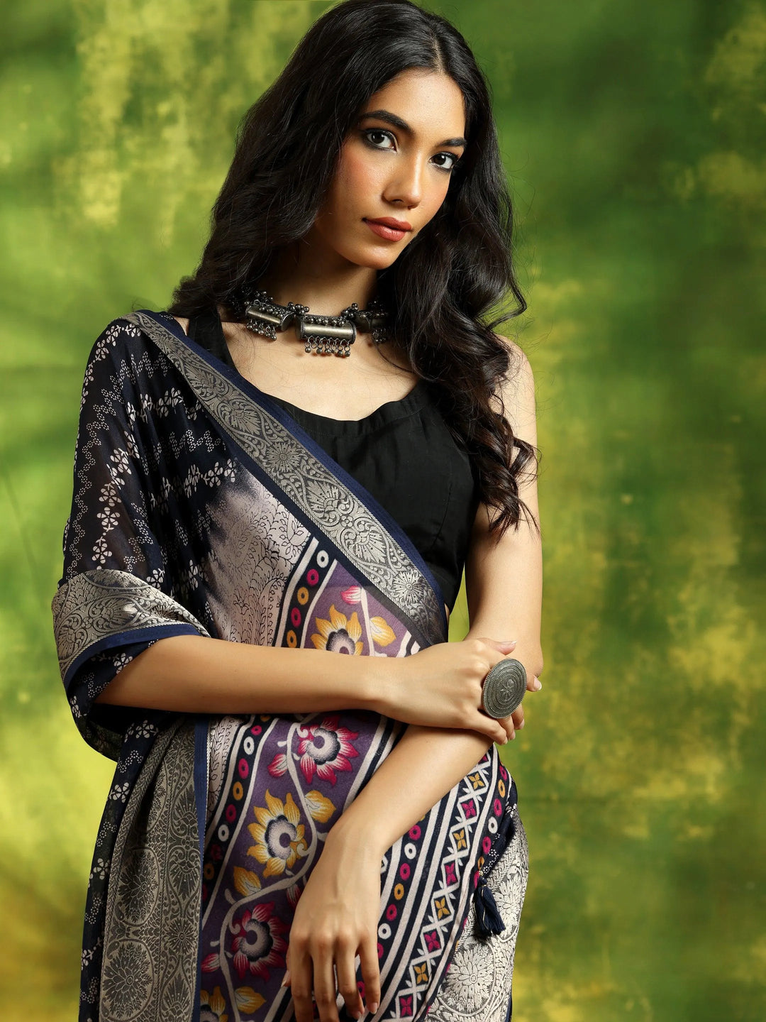 Blue Printed Silk Blend Saree With Unstitched Blouse Piece - Libas 