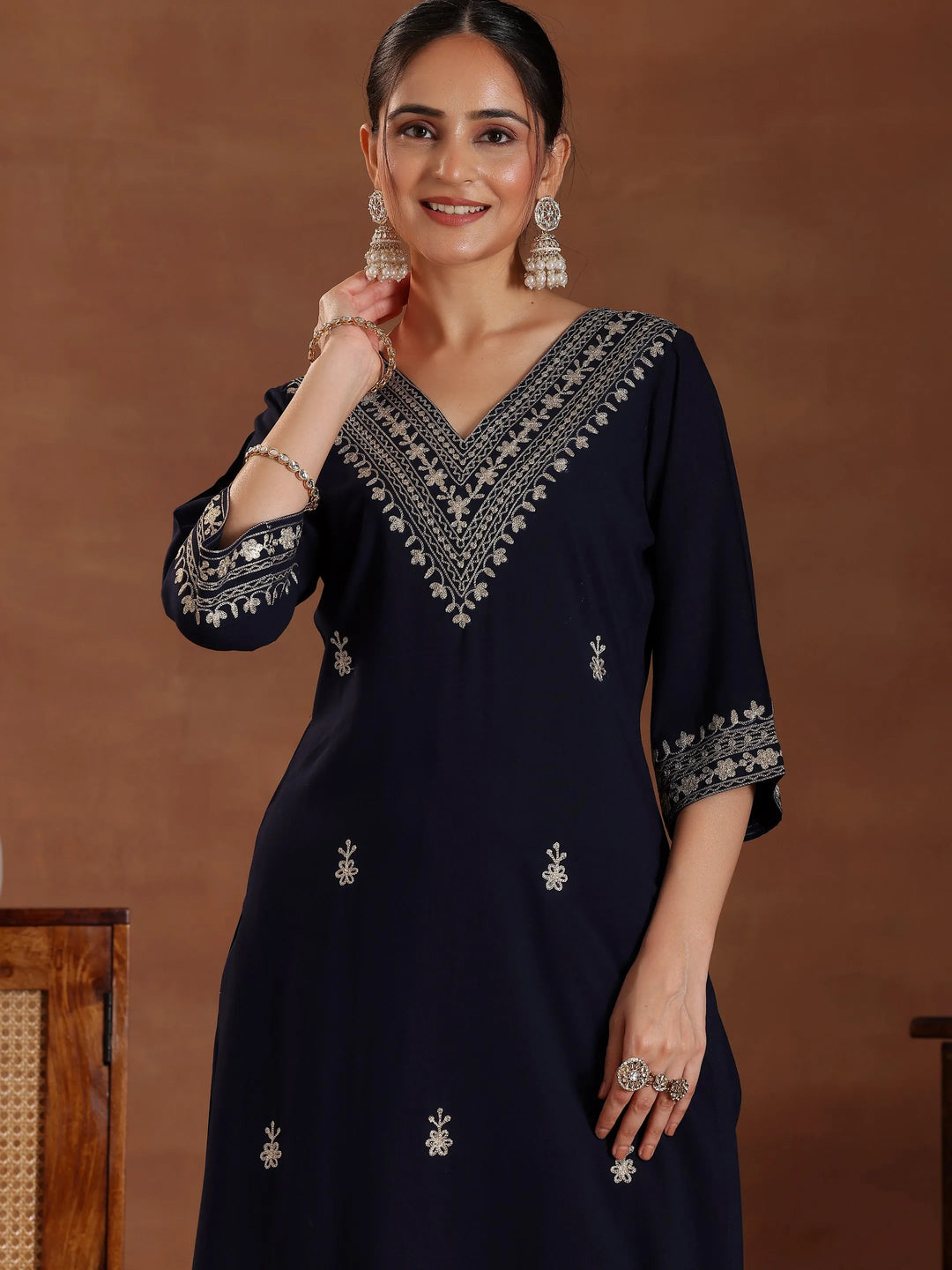 Blue Embroidered Rayon Straight Suit With Dupatta 
