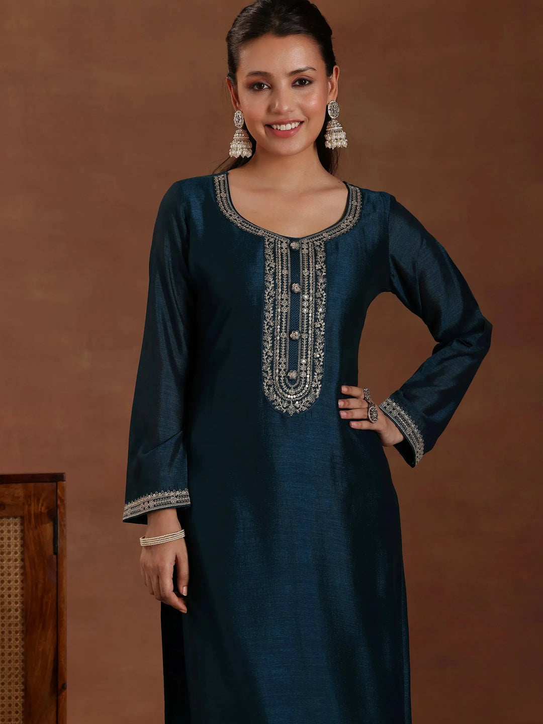 Teal Embroidered Silk Blend Straight Suit With Dupatta 