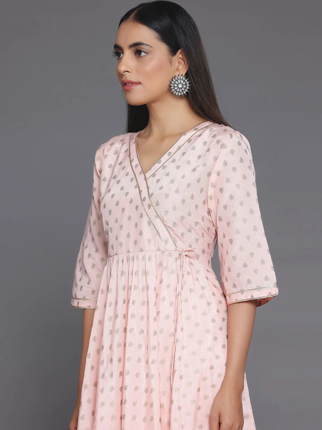 Peach Printed Silk Blend Anarkali Kurta Set - Libas