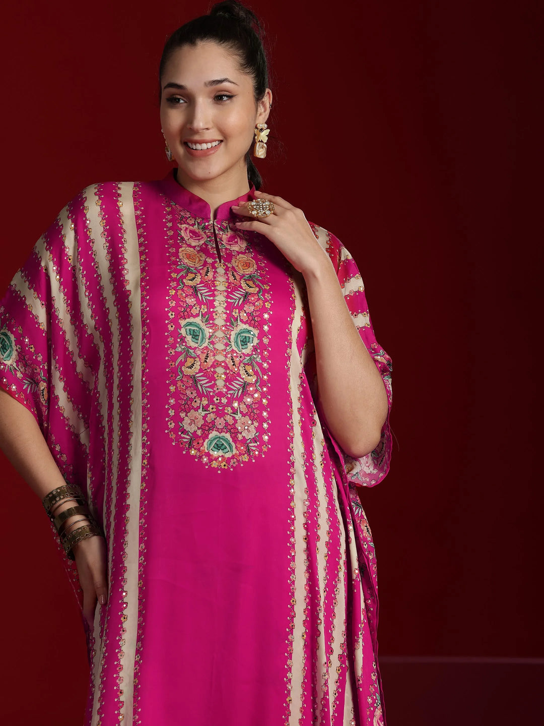  Libas Art Pink Printed Silk Blend Kaftan Kurta With Palazzo 