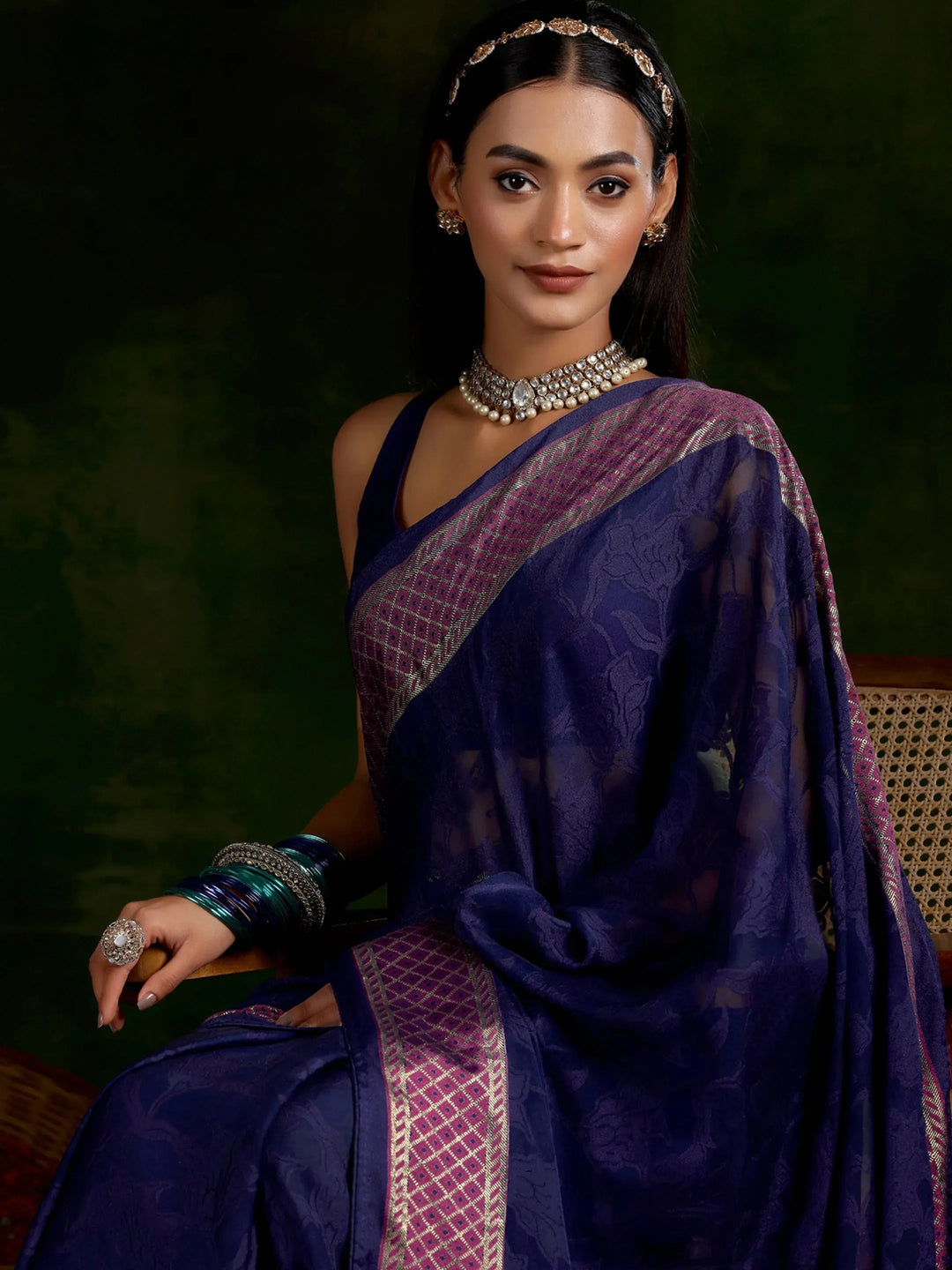  Blue Printed Silk Blend Saree With Unstitched Blouse Piece 