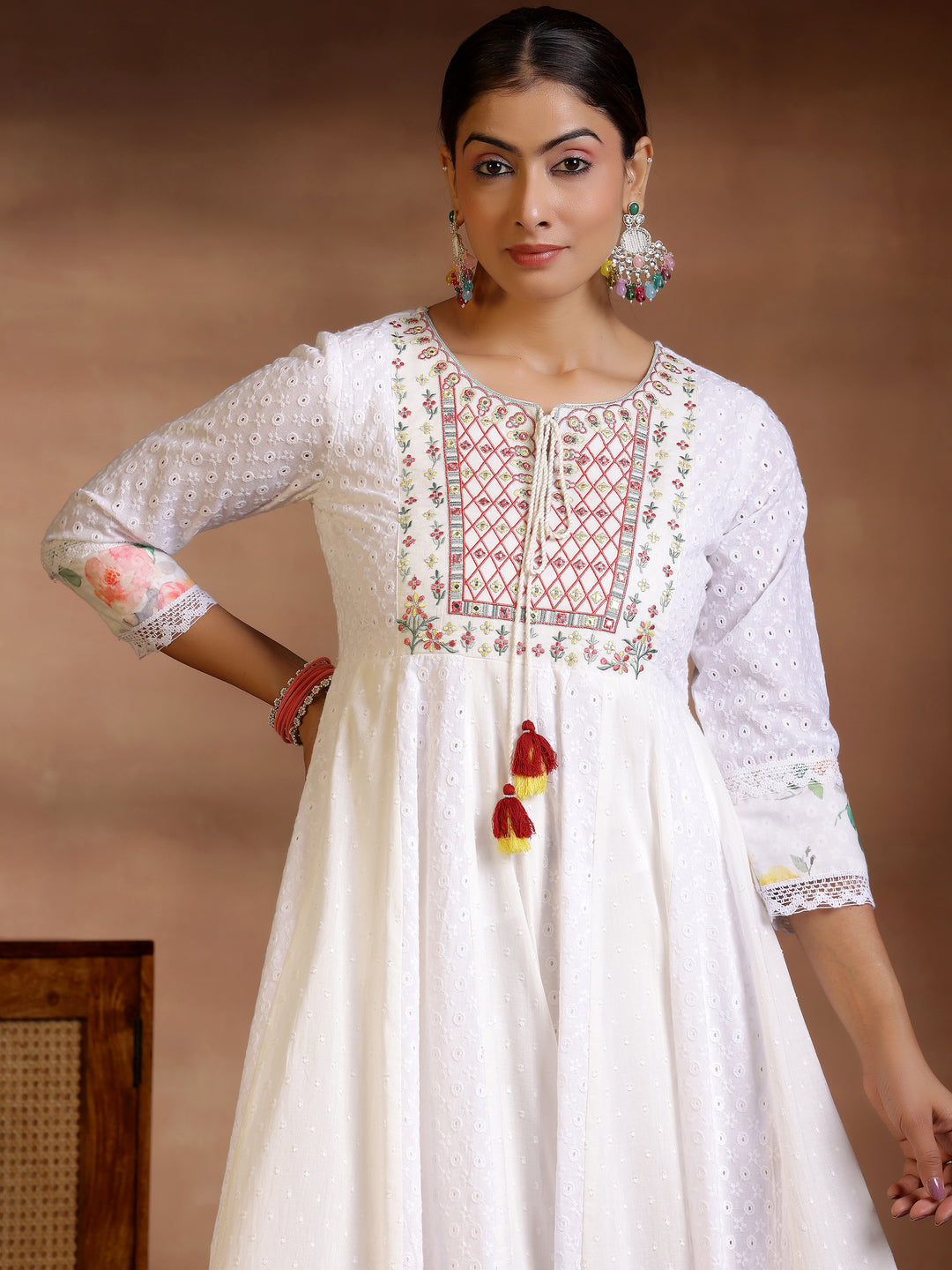  White Self Design Cotton Anarkali Suit With Dupatta 