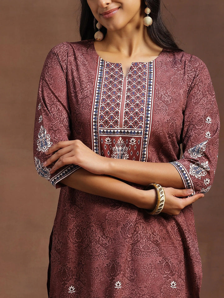 Brown Printed Poly Crepe Straight Kurta With Trousers - Libas