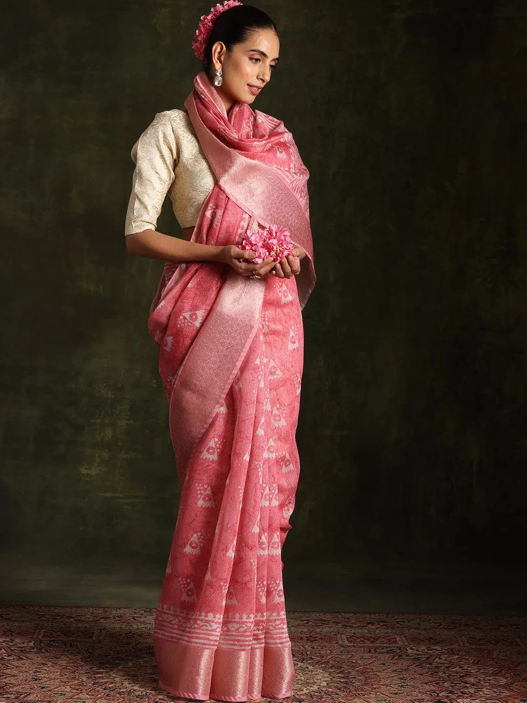 Pink Printed Silk Blend Saree With Unstitched Blouse Piece - Libas